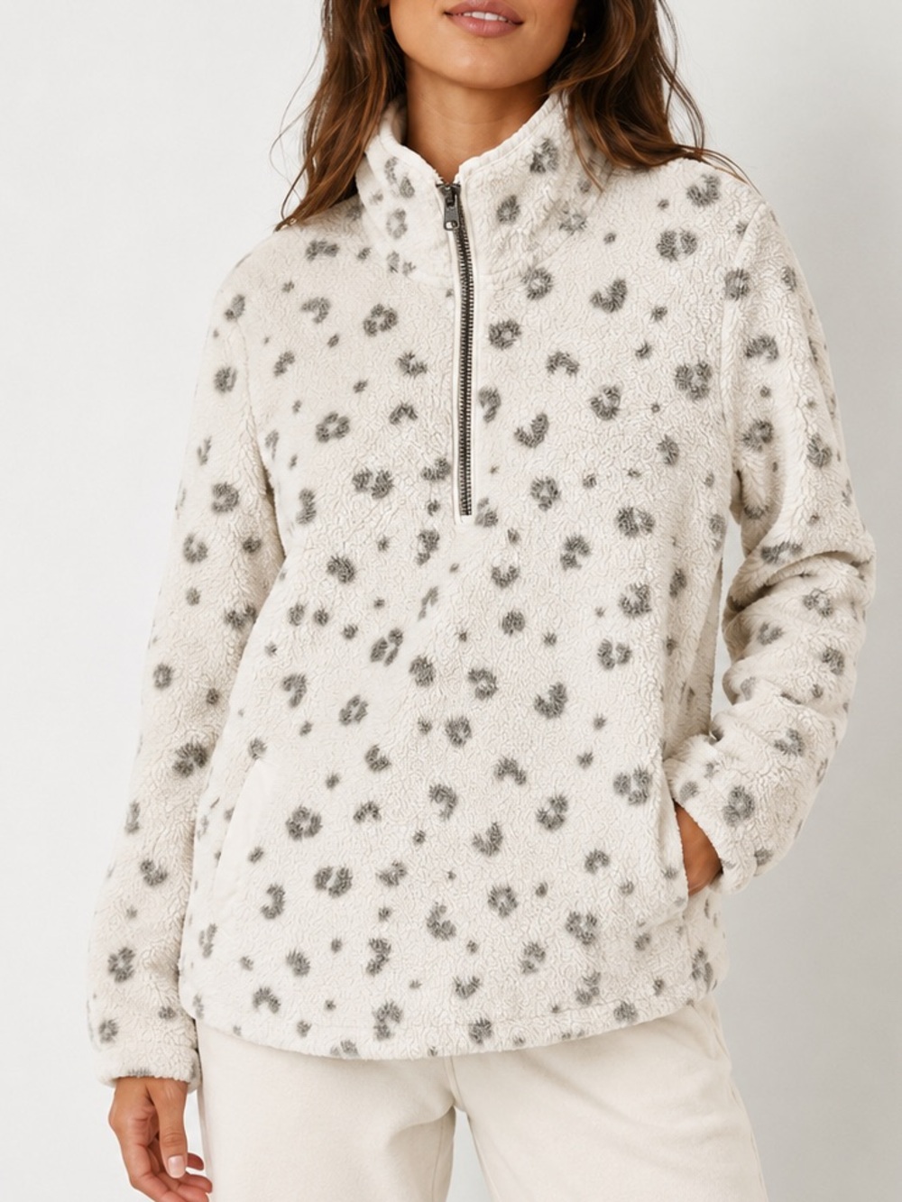 Abercrombie & Fitch Sherpa Gray Leopard Half Zip Fleece Pullover